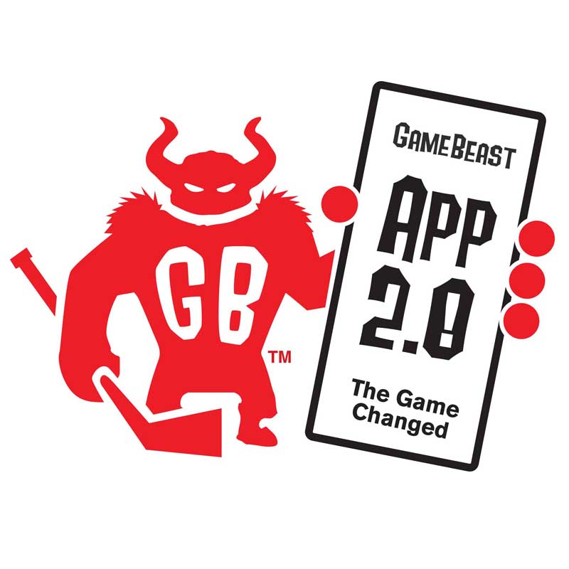 GameBeast App 2.0 logo design featuring a red monster mascot character