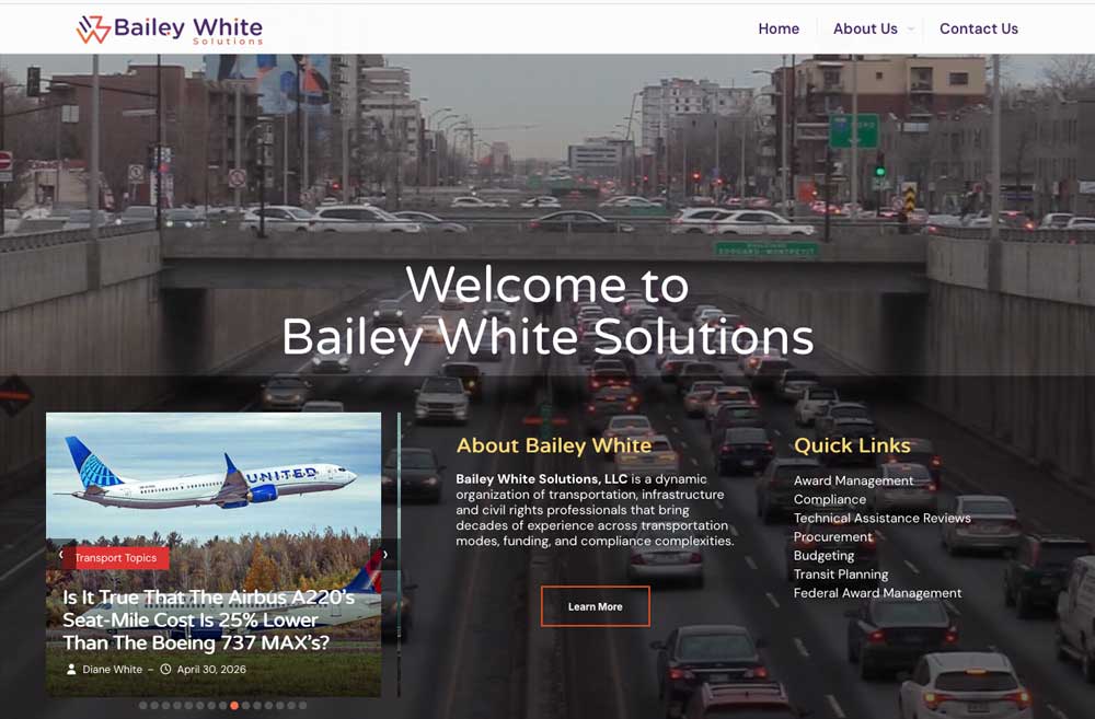 Bailey White Solutions website featuring a red-and-purple chevron logo, a dark overlay on urban highway traffic, and a Quick Links list covering award management, compliance, procurement and transit planning