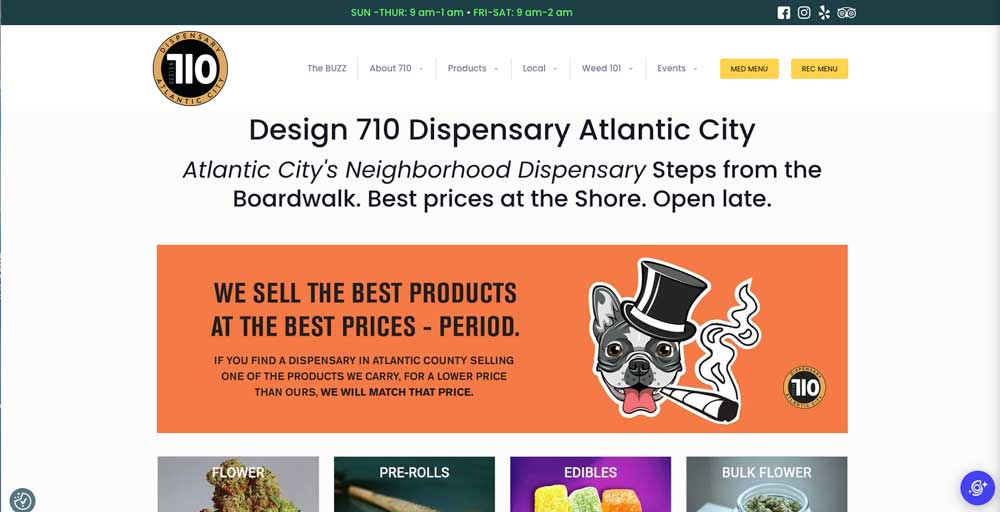 Design 710 Dispensary Atlantic City homepage with a round 710 logo, an orange price-match banner featuring a top-hatted French bulldog illustration, and product category tiles for flower, pre-rolls, edibles and bulk flower