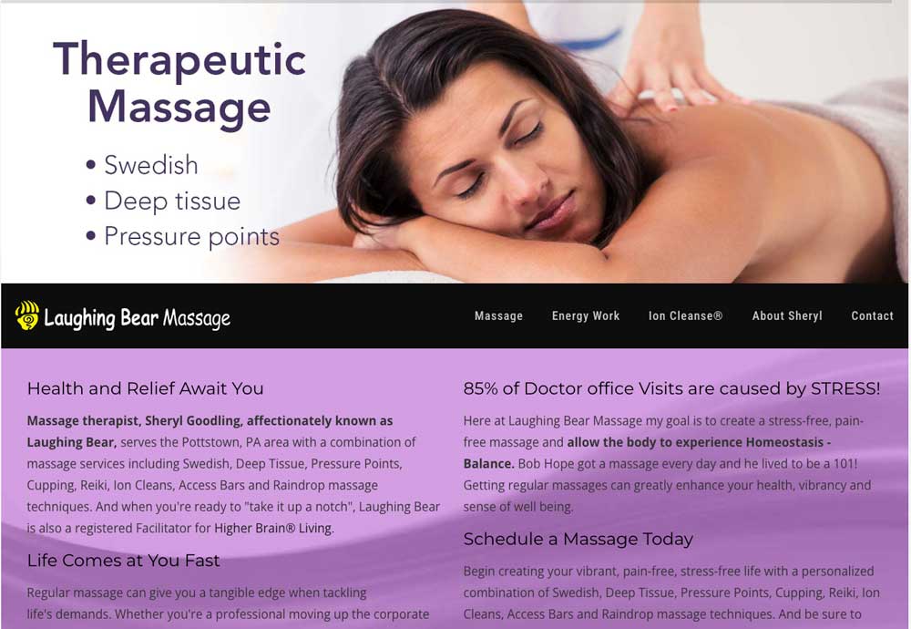 Laughing Bear Massage website homepage with a “Therapeutic Massage” hero listing Swedish, deep tissue and pressure points above a purple content section