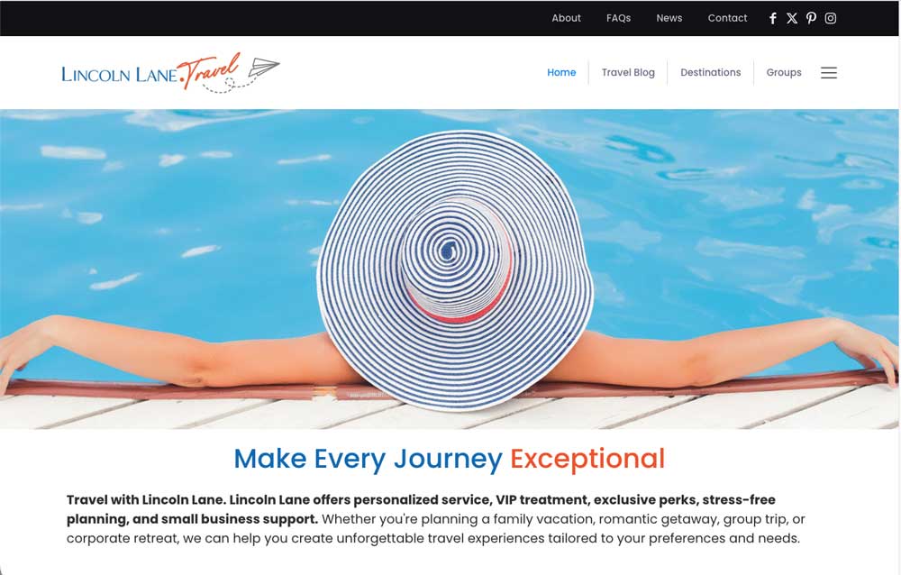 Lincoln Lane Travel website showing a relaxed traveler in a blue-and-white striped hat resting on a pool ledge, with intro copy on family vacations, getaways, group trips and corporate retreats
