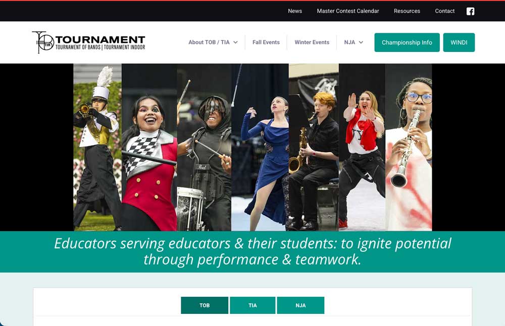 NJATOB homepage showing the Tournament logo, a Master Contest Calendar link and teal Championship Info and WINDI buttons above a performer photo strip and mission statement