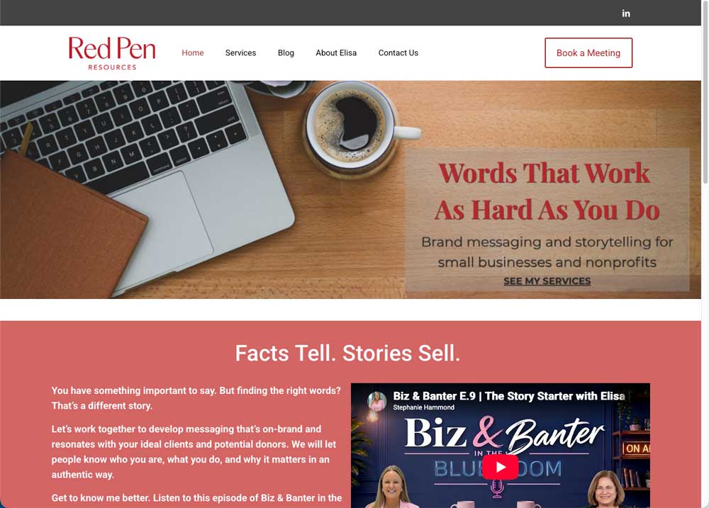 Red Pen Resources homepage with a laptop-and-coffee hero reading “Words That Work As Hard As You Do” and a coral “Facts Tell. Stories Sell.” section with an embedded podcast video