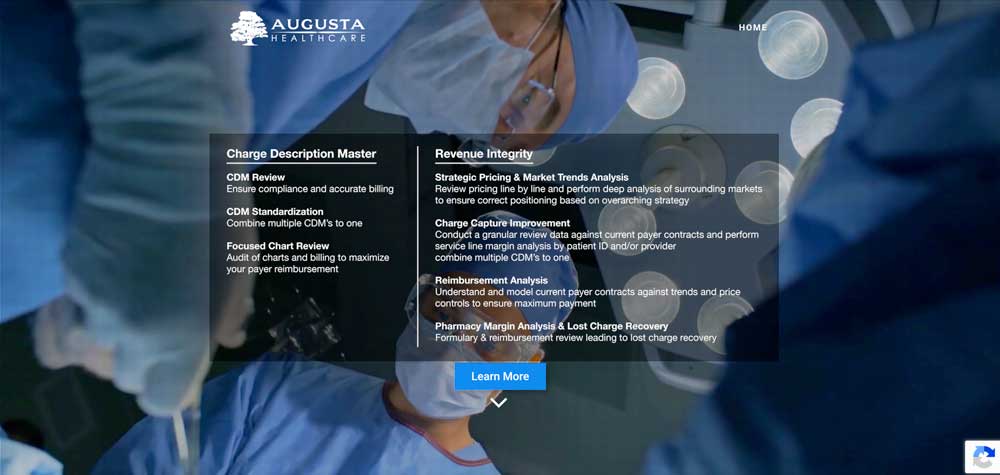 Augusta Healthcare website hero with a low-angle photo of surgeons under operating room lights, overlaid with Charge Description Master and Revenue Integrity service lists and a Learn More button