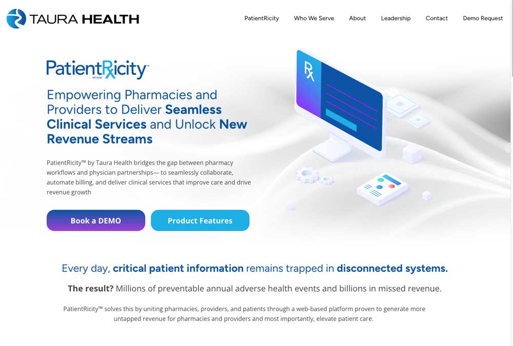 Taura Health homepage introducing PatientRicity, with an isometric Rx monitor illustration beside the headline about seamless clinical services and Book a Demo and Product Features buttons